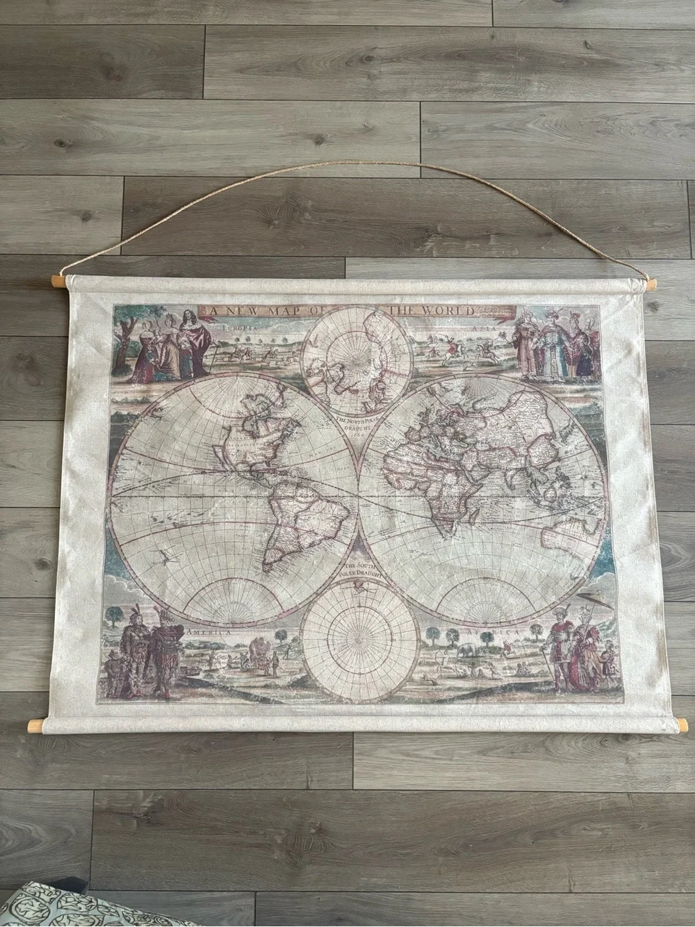 Vintage Style World Map Wall Hanging - Cream and Brown
